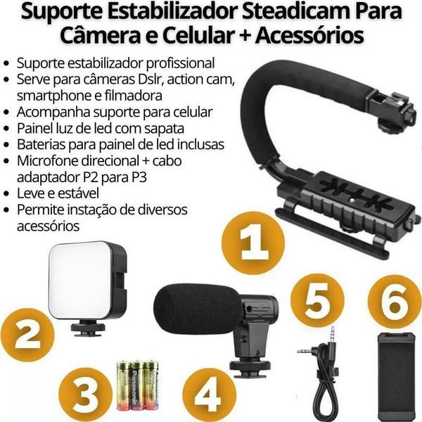 Imagem de Estabilizador Steadicam Câmera Celular + Luz Led Microfone