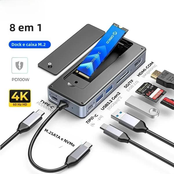 Imagem de Estação De Acoplamento Para Laptop USB C HUB 4K60Hz HDMI 100W PD RJ45 SD TF 10Gbps M.2 NVME SATA SSD