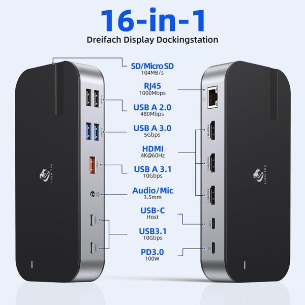 Imagem de Estação de ancoragem para laptop LIONWEI 16 em 1, monitor triplo USB C