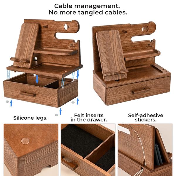 Imagem de Estação de ancoragem para telefone TESLYAR Wood com gaveta, mesa de cabeceira, bege