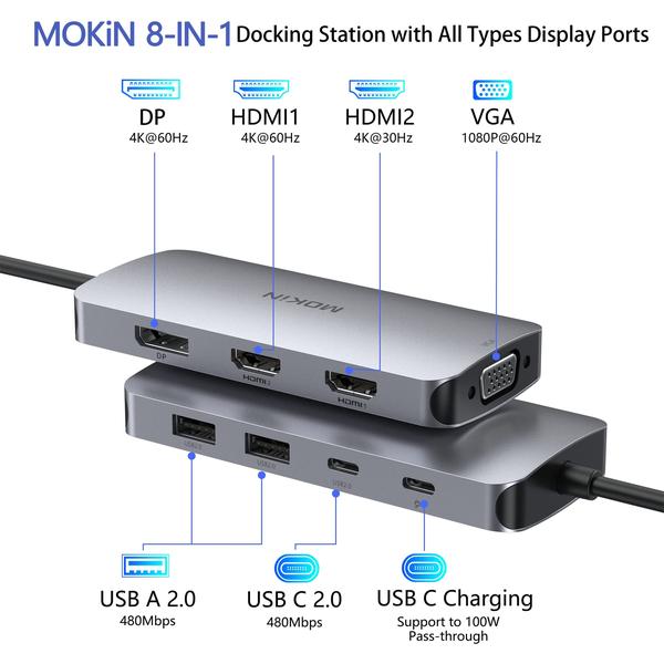 Imagem de Estação de ancoragem USB C MOKin com monitor duplo com HDMI, VGA, USB 3