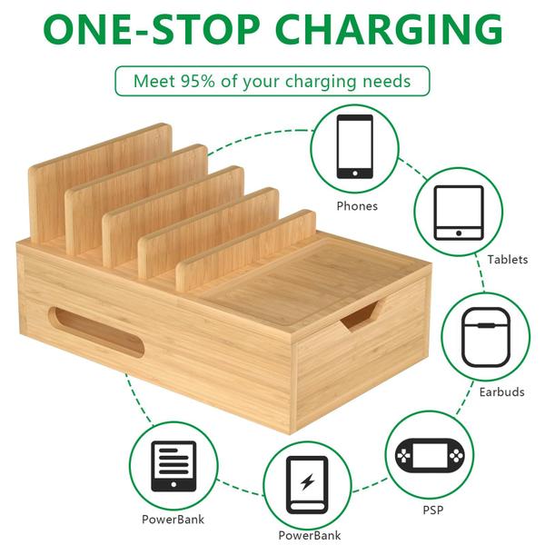 Imagem de Estação de carregamento LEOKKARR Bamboo com gaveta e bandeja para dispositivos