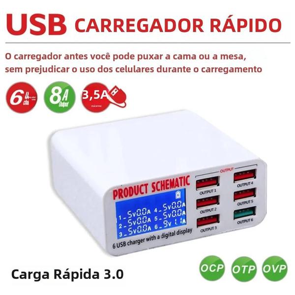 Imagem de Estação de Carregamento USB com 6 Portas e Display LED - Carregamento Rápido para Telefones