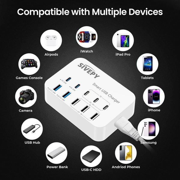 Imagem de Estação de carregamento USB SIVEPY 106W 10 em 1 5 portas USB-A 5 USB-C