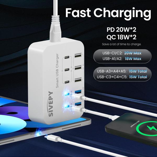 Imagem de Estação de carregamento USB SIVEPY 106W 10 em 1 5 portas USB-A 5 USB-C