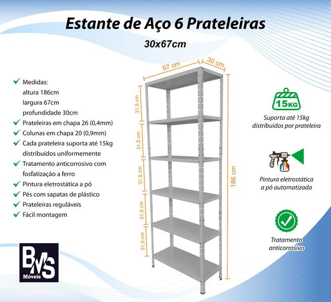 Imagem de Estante 6 Prateleiras Reguláveis Aço 67cm Multiuso Branca