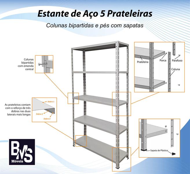 Imagem de Estante Aço 5 Prateleiras Reguláveis 25cm Multiuso Cinza