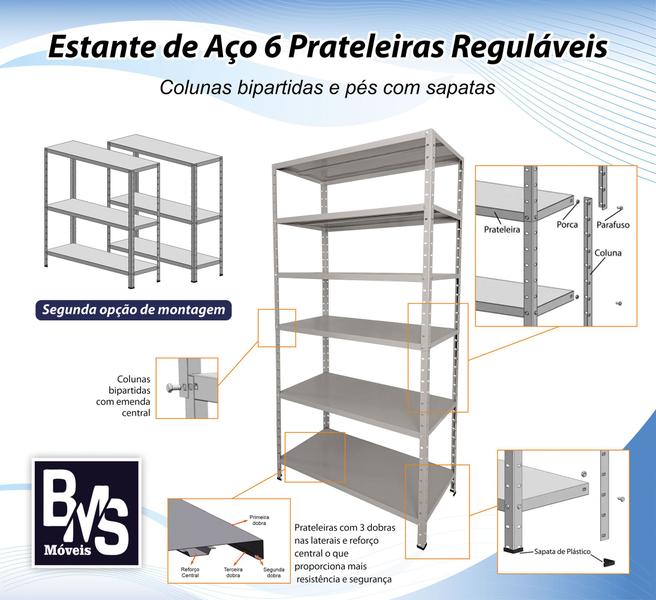 Imagem de Estante Aço 6 Prateleiras Reguláveis 40cm Multiuso 30kg Várias Cores