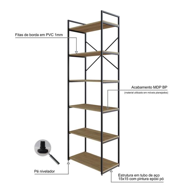 Imagem de Estante Alta com 6 Prateleiras 185x60x33cm Yon Vermont/Preto