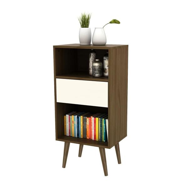 Imagem de Estante Baixa Mesa Lateral Para Livros Com 1 Gaveta e 2 Nichos Sala de Estar Marrom Escuro Off White