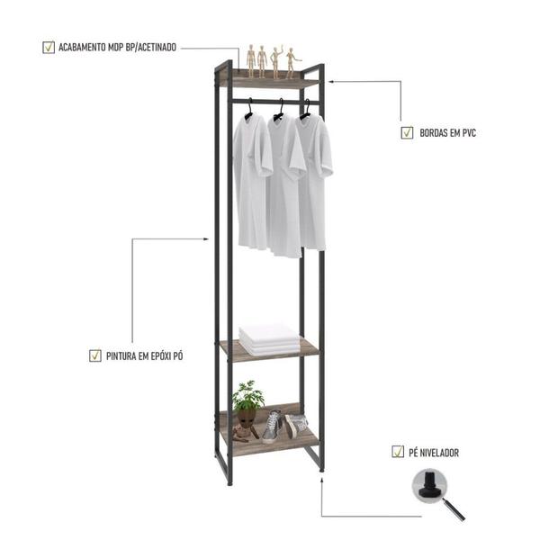 Imagem de Estante Closet Arara Industrial 3 Prateleiras 187x45cm Dynamica Carvalho Dark / Est.Preta