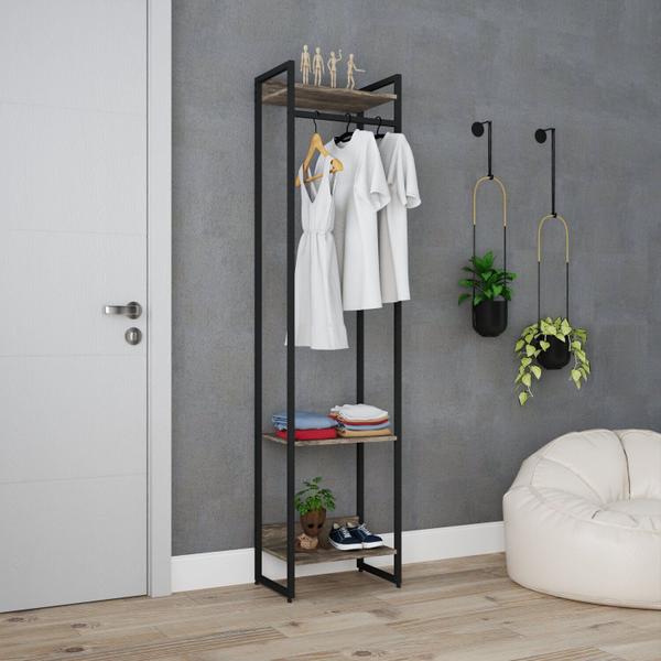 Imagem de Estante Closet Arara Industrial 3 Prateleiras 187x45cm Dynamica Carvalho Dark / Est.Preta