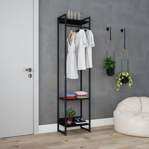 Imagem de Estante Closet Arara Industrial 3 Prateleiras 187x45cm Dynamica Preto Ônix / Est.Preta