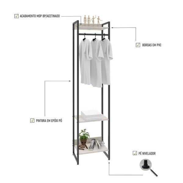 Imagem de Estante Closet Arara Industrial 3 Prateleiras 187x45cm Dynamica Snow / Est.Preta