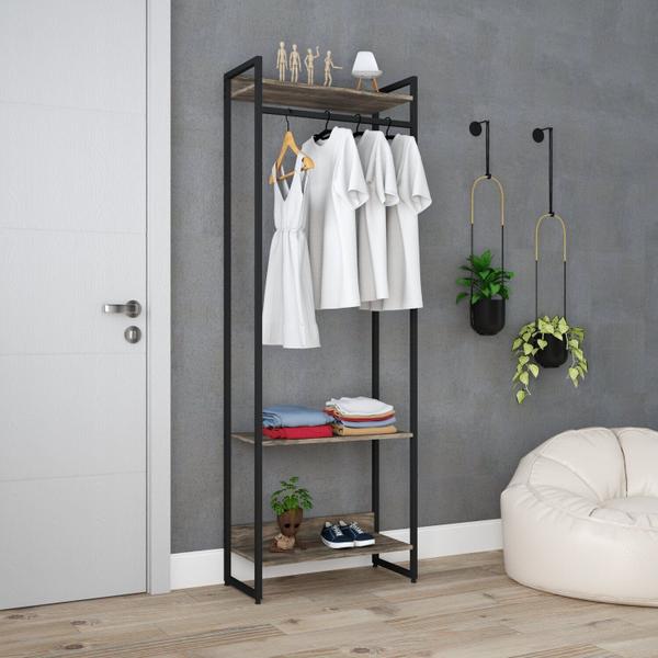 Imagem de Estante Closet Arara Industrial 3 Prateleiras 187x60cm Dynamica Yescasa Carvalho Dark/Preto