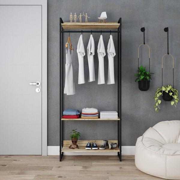 Imagem de Estante Closet Arara Industrial 3 Prateleiras 187x80cm Dynamica Yescasa Carvalho/Preto