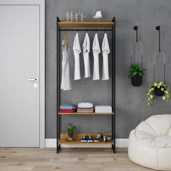 Imagem de Estante Closet Arara Industrial 3 Prateleiras 187x80cm Dynamica Yescasa Lamina Mel / Preto