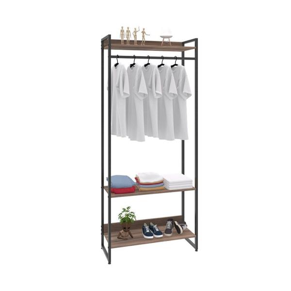 Imagem de Estante Closet Arara Industrial 3 Prateleiras 187x80cm Dynamica Yescasa Nogal / Preto