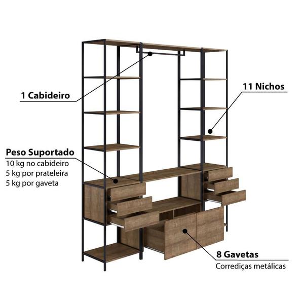 Imagem de Estante Closet Industrial com 8 Gavetas  - Carvalho/Preto