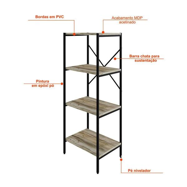 Imagem de Estante com 4 Prateleiras Tub Carvalho e Preta 45 cm