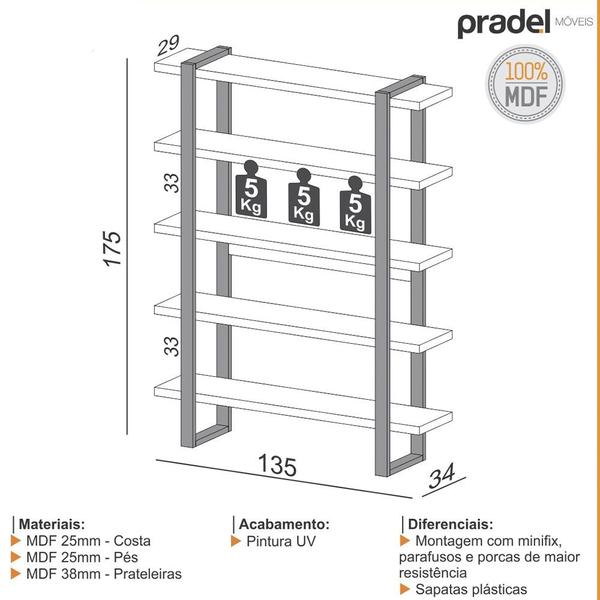 Imagem de Estante com 5 Prateleiras Industrial 1,35x1,75cm Freijo/preto Fosco Pradel