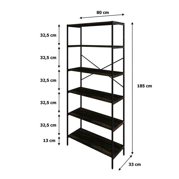 Imagem de Estante com 6 Prateleiras Tub Carvalho Dark e Preta 80 cm