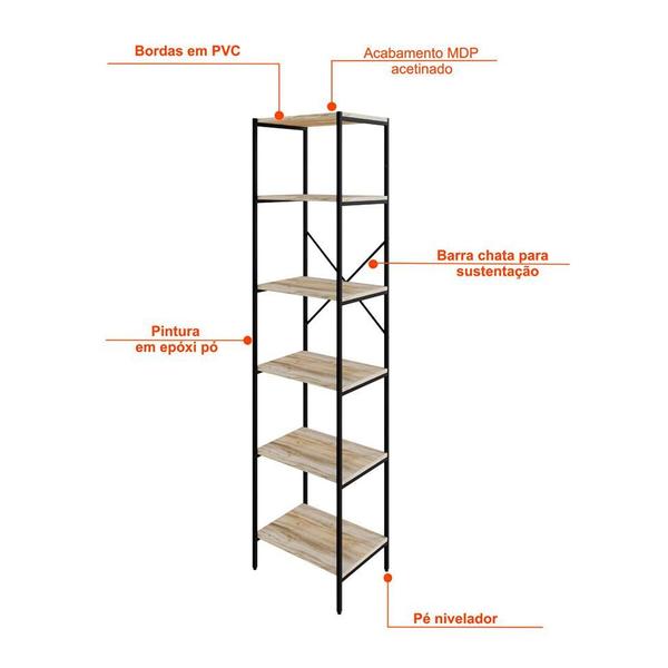 Imagem de Estante com 6 Prateleiras Tub Carvalho e Preta 45 cm