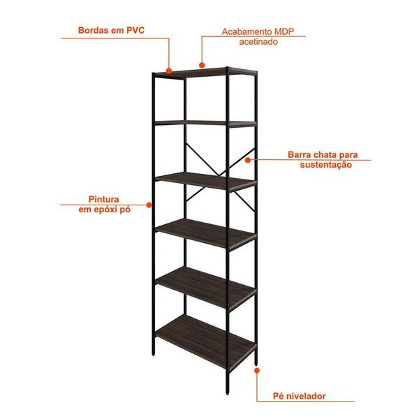 Imagem de Estante com 6 Prateleiras Tub Nogal e Preta 60 cm