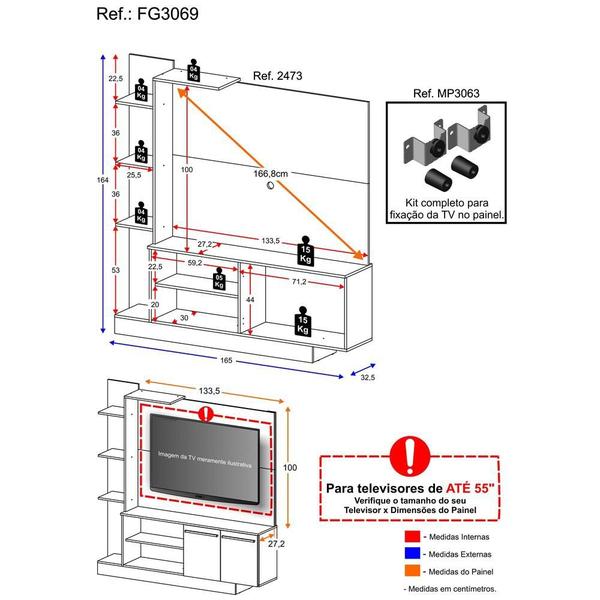 Imagem de Estante com Suporte para TV até 55" Multimóveis Denver FG3069 Preta/Lacca Fumê