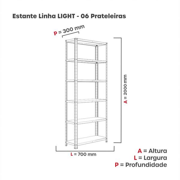 Imagem de Estante de Aço com 6 Prateleiras Linha Light 2,0 M Cinza