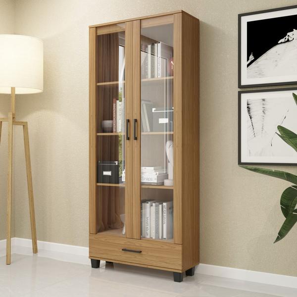 Imagem de Estante Decorativa para Livros 77cm 2 portas de vidro e gaveta 100% MDF C58 Pradel Móveis