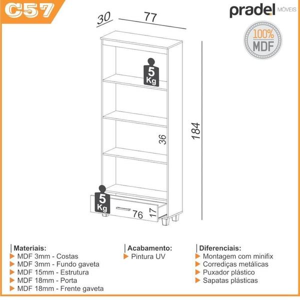 Imagem de Estante Decorativa Para Livros 77x30x184 Cm Em Mdf Freijó C57 Dalla Costa