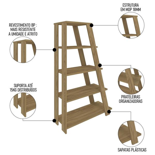 Imagem de Estante Escada Multiuso Decorativa 5 Prateleiras Stela A06 Olmo - Mpozenato