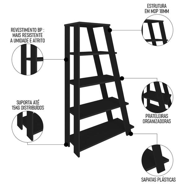 Imagem de Estante Escada Multiuso Decorativa 5 Prateleiras Stela A06 Preto - Mpozenato