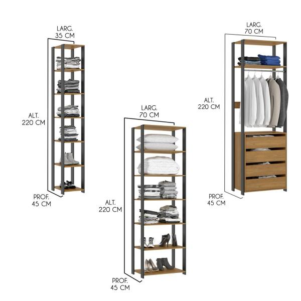 Imagem de Estante Guarda Roupa Closet Aberto 175x220 Cm Estilo Industrial Bacco 3 Peças MDP Carvalho MENU