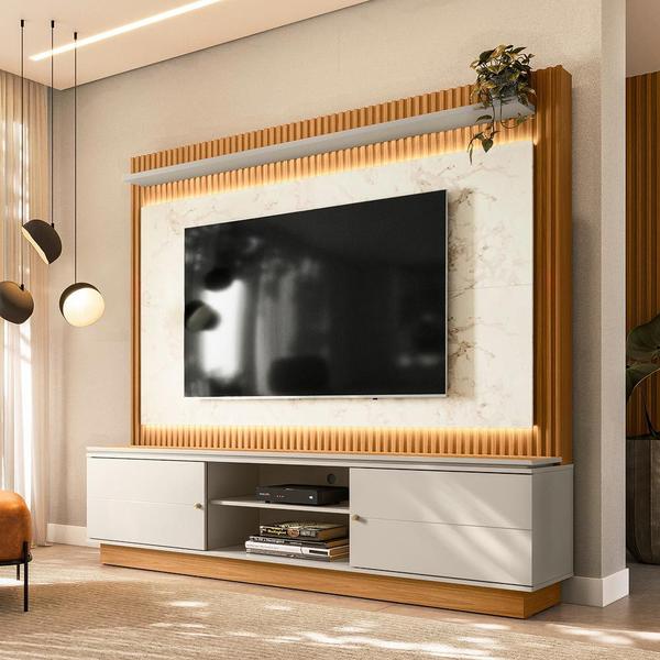 Imagem de Estante Home 215cm Valdivia com LED Detalhe Marmorizado para Tv até 75 Nature/Off White G77 - Gran Belo