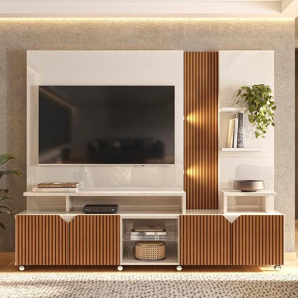 Estante Home para TV até 55 Polegadas Impressão Ripada Cross Lukaliam Off White/Tauari - L... Estante Home para TV até 55 Polegadas Impressão Ripada Cross Lukaliam Off White/Tauari - L...
