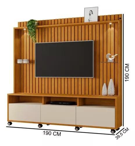 Imagem de Estante Home Ripado Para Tv Até 65 Polegadas -3 Gavetas e Nicho com Leds -Rodizio -Carmolar -NATURALE/OFF-WHITE