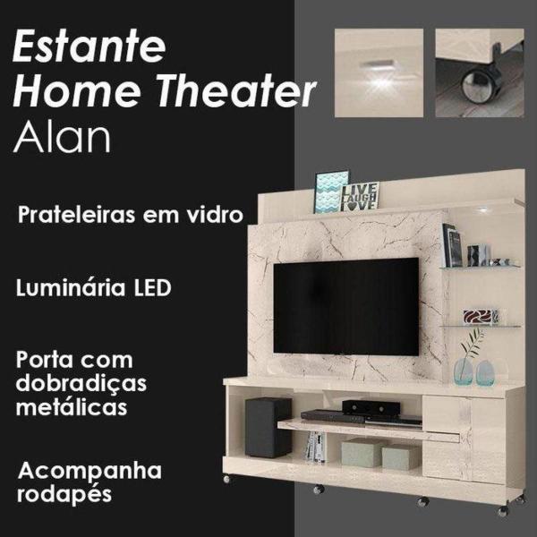 Imagem de Estante Home Theater Alan Para TV até 55 Polegadas Com Rodízio 1 Porta Cor Calacata e Off White - Madetec Móveis