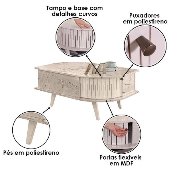 Imagem de Estante Home Theater com Bancada Laguna com Aparador Estoril e Mesa de Centro Indianápolis Calacata Off White  Madetec