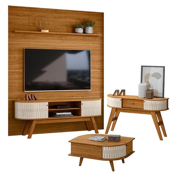 Imagem de Estante Home Theater com Bancada Laguna com Aparador Estoril e Mesa de Centro Indianápolis Naturale Off White  Madetec