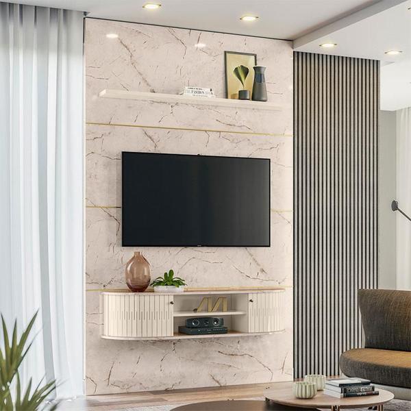 Imagem de Estante Home Theater com Bancada Suspensa Monte Carlo com Aparador Estoril e Mesa de Centro Indianápolis Calacata Off White  Madetec