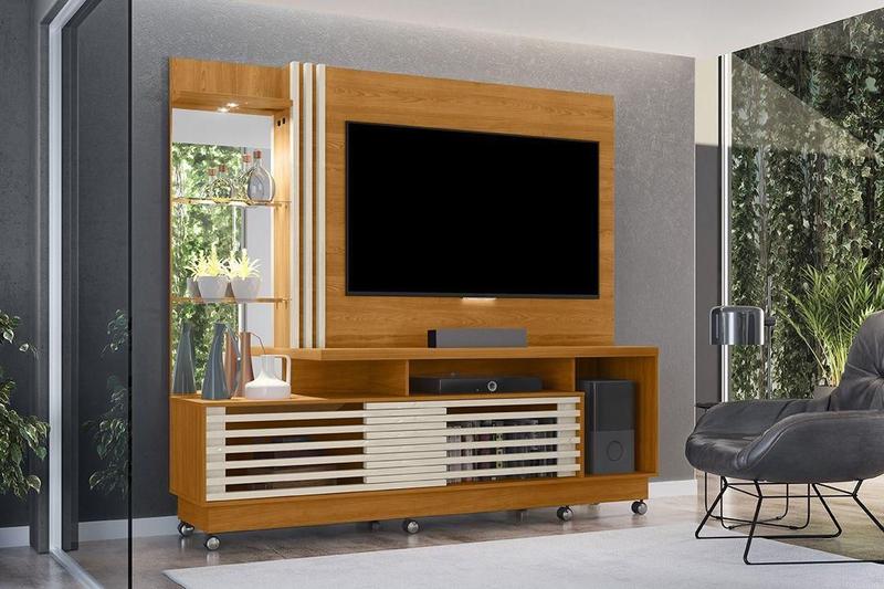 Imagem de Estante home theater frizz plus c/rodizio - led-prateleiras vidro - 2 portas -cinomomo/off-white