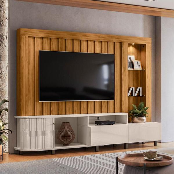 Imagem de Estante Home Theater Le Mans com Aparador Estoril e Mesa de Centro Indianápolis Naturale Off White  Madetec