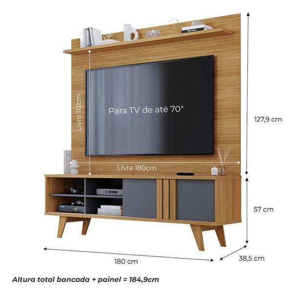 Imagem de Estante Home Theater para TV até 70 Polegadas 1 Porta de Correr e Pés Retro Paraty Permóbili Nature/Grafite - 100% MDF