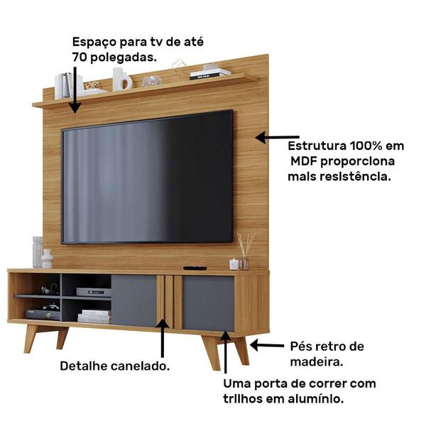 Imagem de Estante Home Theater para TV até 70 Polegadas 1 Porta de Correr e Pés Retro Paraty Permóbili Nature/Grafite - 100% MDF