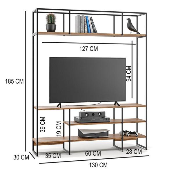 Imagem de Estante Industrial Lisse Tv em Aço e Madeira com 130cm Freijó/Preto