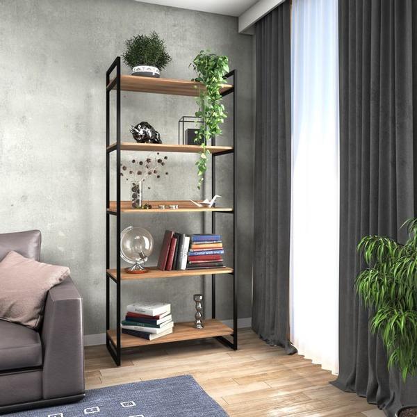 Imagem de Estante Industrial Premium De Metal e Madeira Organizador Prateleira Home Office Etrange 190x80cm Lamina Com Preto