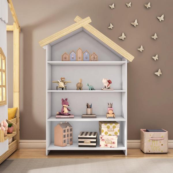 Imagem de Estante Infantil com 4 Prateleiras Prime MDF Laca Casinha Casatema Branco/Natural