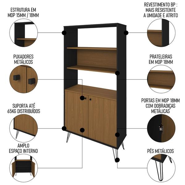 Imagem de Estante Livreiro Decorativa 2 Portas Industrial Lit A06 Freijó/Preto - Mpozenato